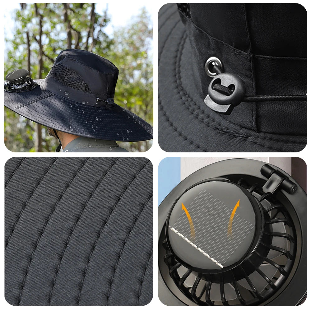 Solar Fan Cap Outdoor Sun Hat With 2 Fan Large Brim Windproof Strap Solar Or USB Charging