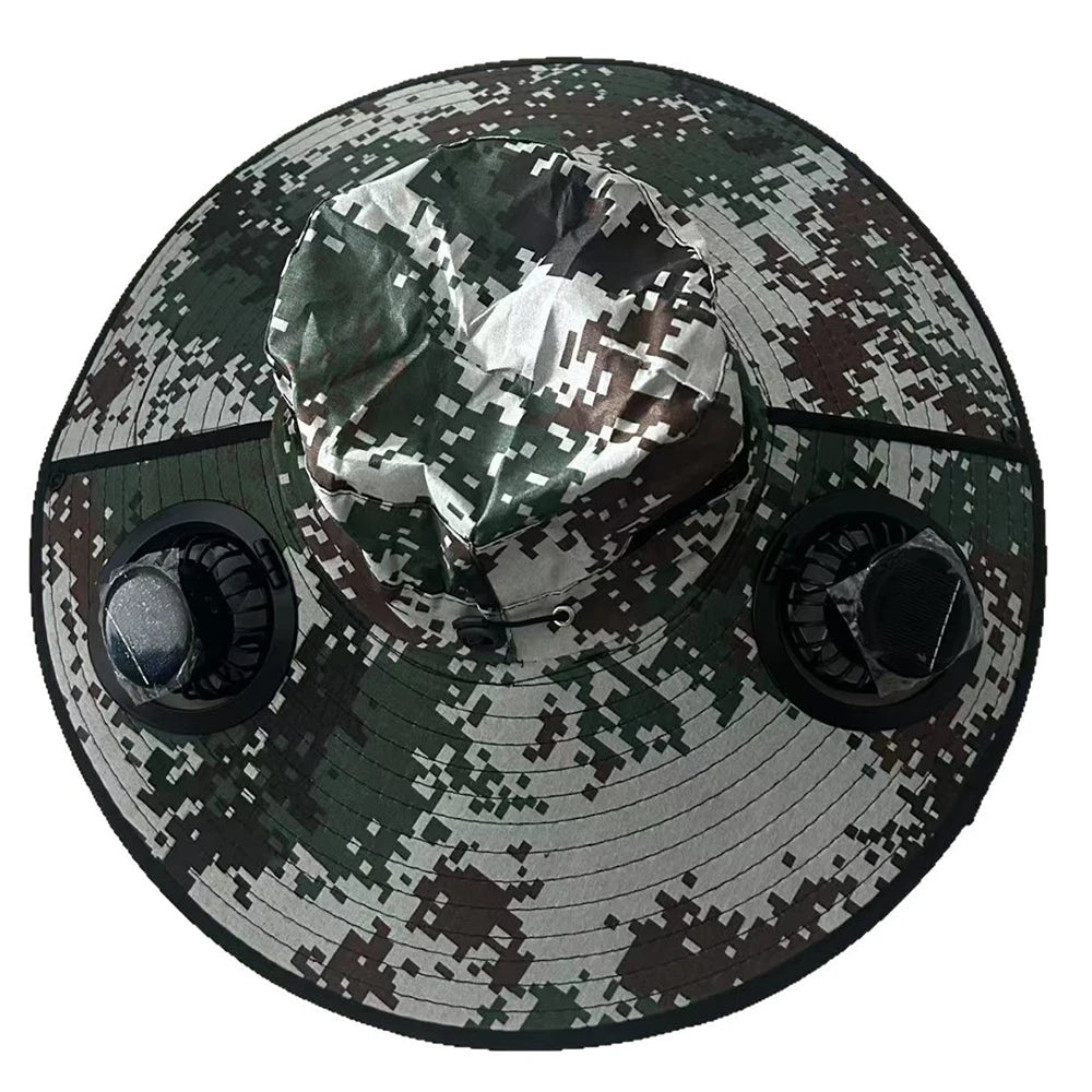 Solar Fan Cap Outdoor Sun Hat With 2 Fan Large Brim Windproof Strap Solar Or USB Charging