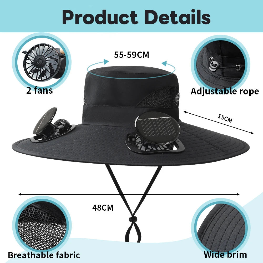 Solar Fan Cap Outdoor Sun Hat With 2 Fan Large Brim Windproof Strap Solar Or USB Charging