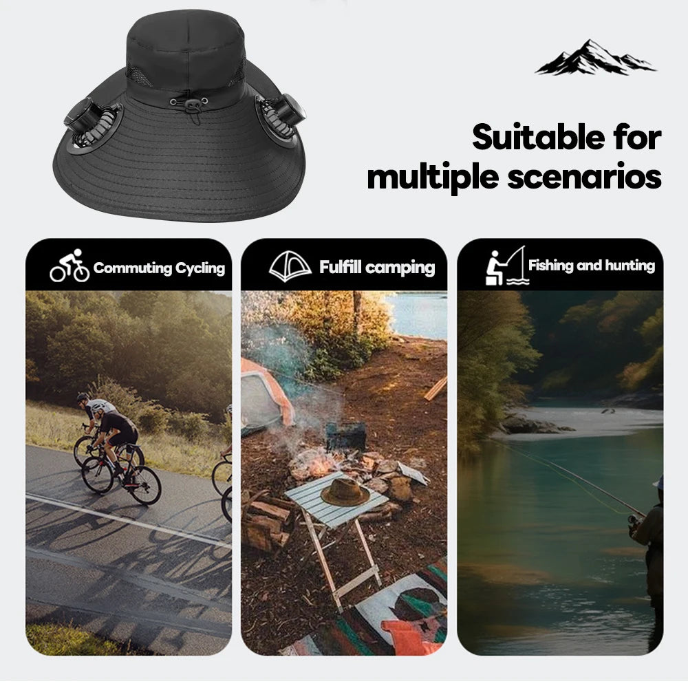 Solar Fan Cap Outdoor Sun Hat With 2 Fan Large Brim Windproof Strap Solar Or USB Charging