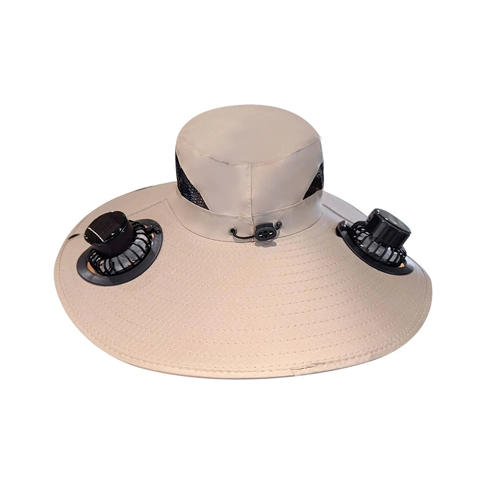 Solar Fan Cap Outdoor Sun Hat With 2 Fan Large Brim Windproof Strap Solar Or USB Charging