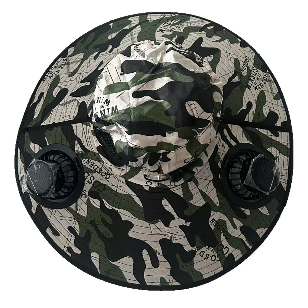 Solar Fan Cap Outdoor Sun Hat With 2 Fan Large Brim Windproof Strap Solar Or USB Charging