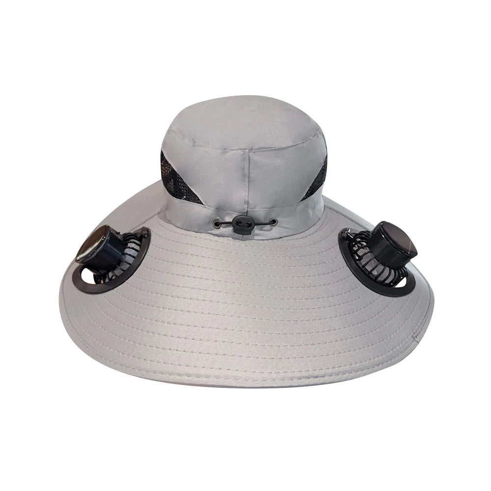 Solar Fan Cap Outdoor Sun Hat With 2 Fan Large Brim Windproof Strap Solar Or USB Charging