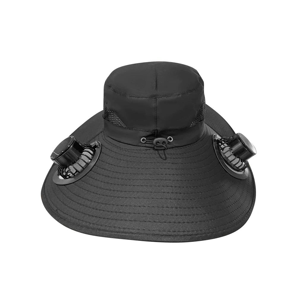 Solar Fan Cap Outdoor Sun Hat With 2 Fan Large Brim Windproof Strap Solar Or USB Charging