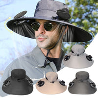 Solar Fan Cap Outdoor Sun Hat With 2 Fan Large Brim Windproof Strap Solar Or USB Charging