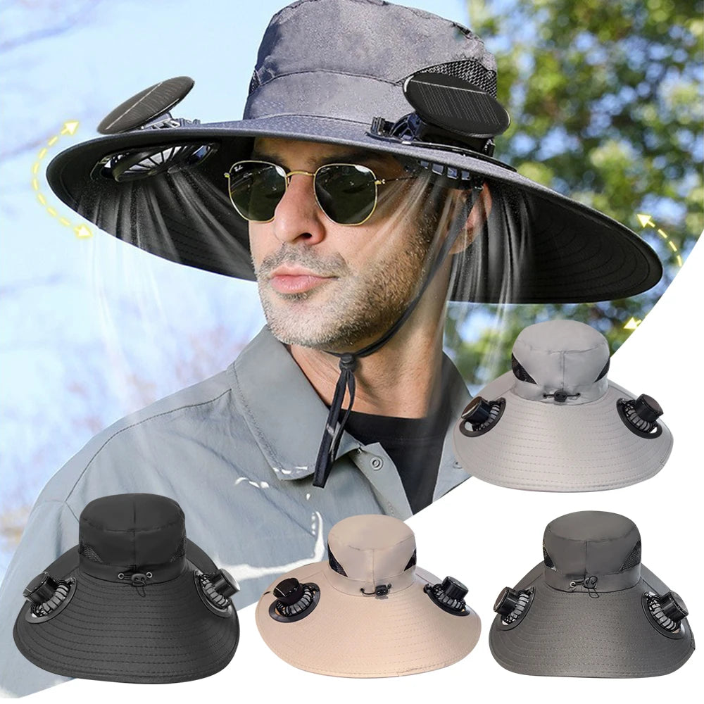 Solar Fan Cap Outdoor Sun Hat With 2 Fan Large Brim Windproof Strap Solar Or USB Charging