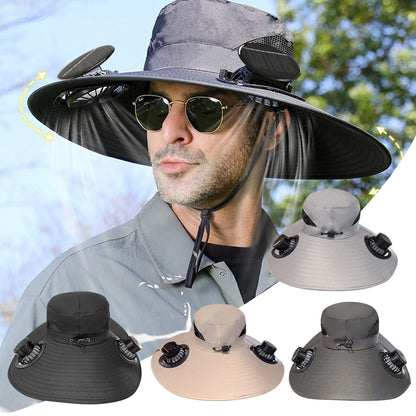 Solar Fan Cap Outdoor Sun Hat With 2 Fan Large Brim Windproof Strap Solar Or USB Charging