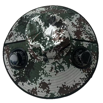 Solar Fan Cap Outdoor Sun Hat With 2 Fan Large Brim Windproof Strap Solar Or USB Charging