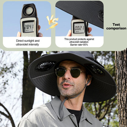 Solar Fan Cap Outdoor Sun Hat With 2 Fan Large Brim Windproof Strap Solar Or USB Charging