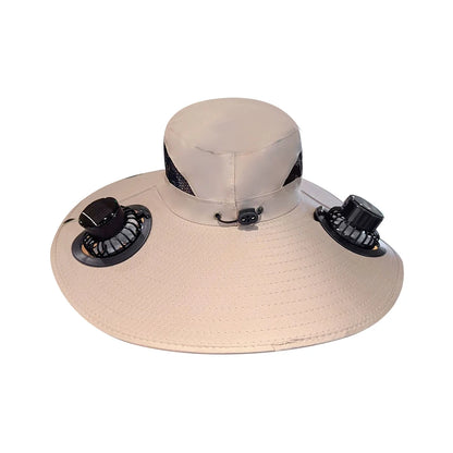 Solar Fan Cap Outdoor Sun Hat With 2 Fan Large Brim Windproof Strap Solar Or USB Charging